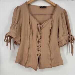 Scarlet Darkness Brown Lace Up Corset Blouse Puff Sleeve Cottagecore Top Size L